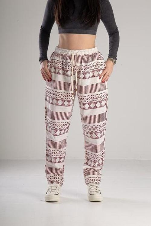 Bordo Desenli Keten Pantolon