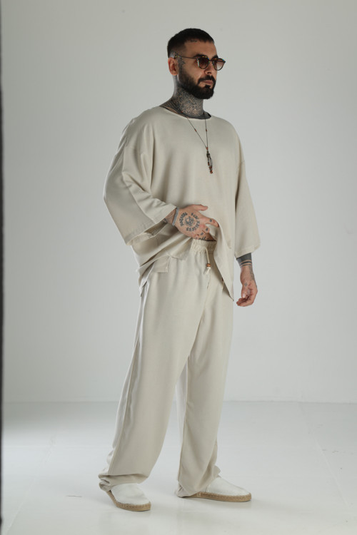 Oversize Bej Keten Takım