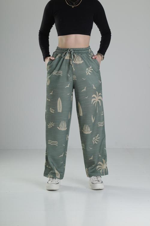 Yeşil Yaprak Desenli Baggy Pantolon