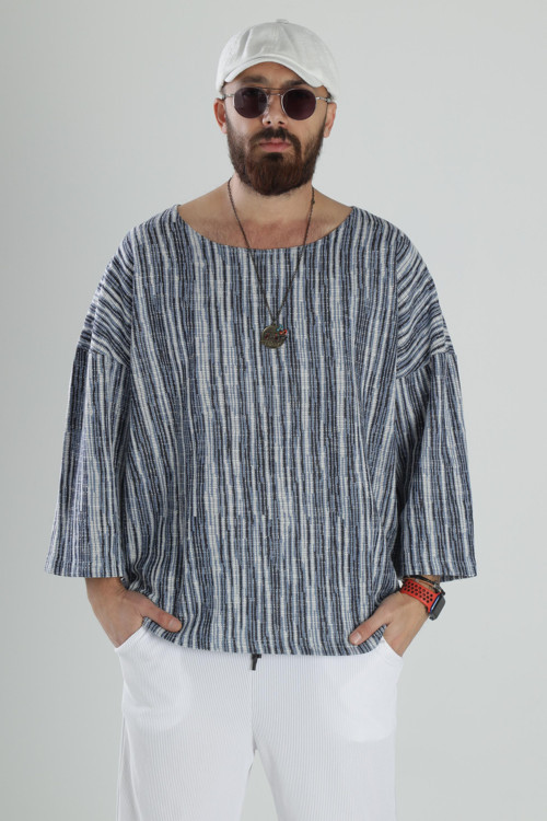Çizgili Mavi Pamuk Fakir Kol T-Shirt