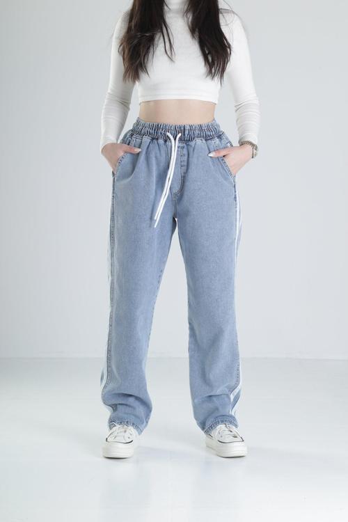 Şerit Detaylı Mavi Baggy Kot Pantolon
