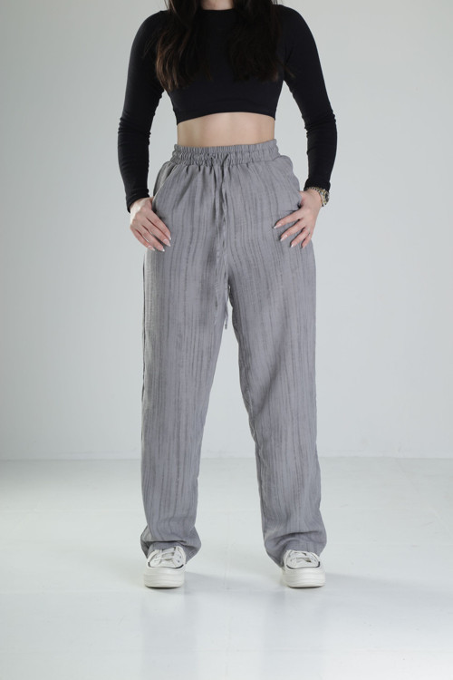 Aerobin Keten Kumaş Gri Baggy Pantolon
