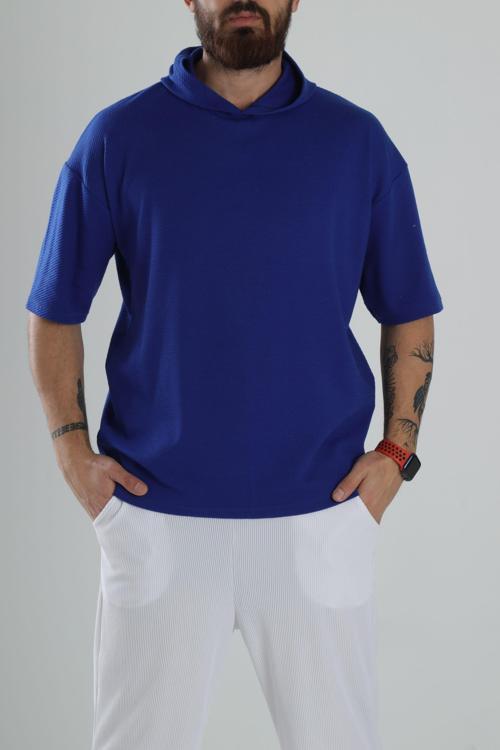Kapüşonlu Mavi T-Shirt
