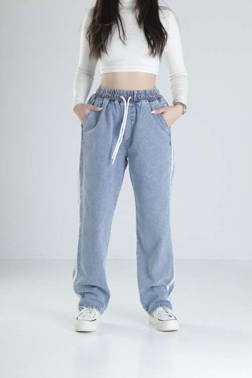 Şerit Detaylı Mavi Baggy Kot Pantolon