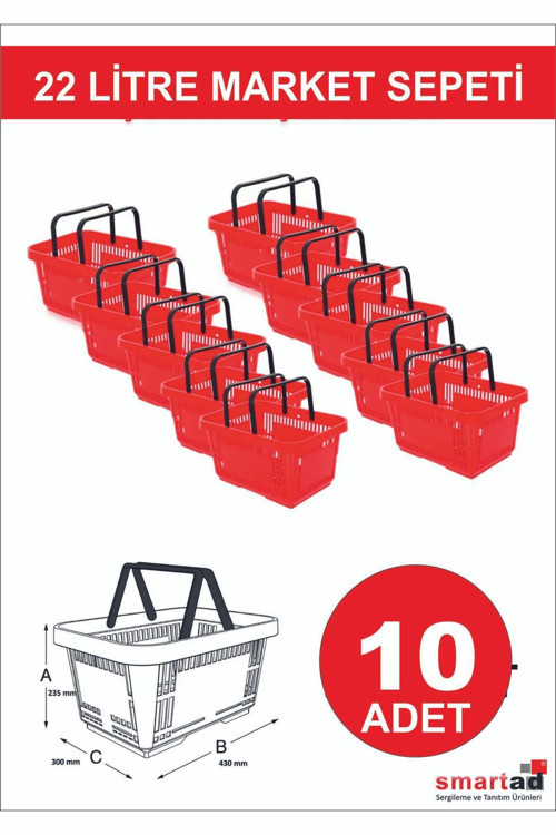 22 Litre 10 Adet Market Sepeti, Alışveriş Sepeti, Saplı Market Sepeti Kırmızı