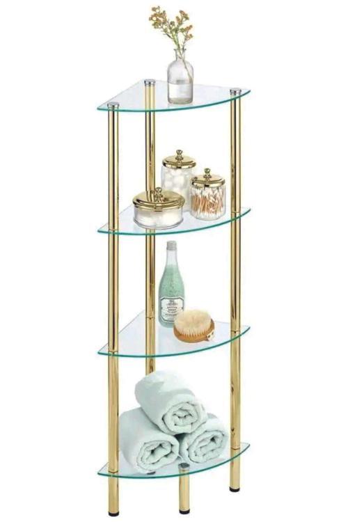 4 Raflı Köşe Gold Metal Ayaklı Cam Raf ,Camlı Banyo, Yatak Odası, Ev Ofisi İçin, Temperli Cam,