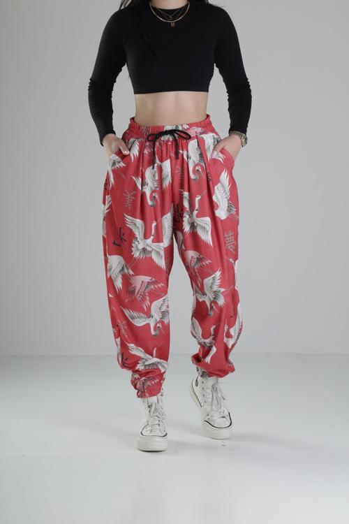 Chinese Kuş Desenli Pileli Jogger