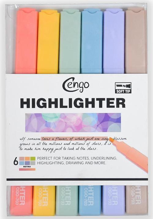 Kare Tipi Highlighter Fosforlu Kalem Retro Renkler 6lı Set CGO703