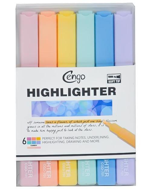 Kare Tipi Highlighter Fosforlu Kalem Candy Renkler 6lı Set CGO701
