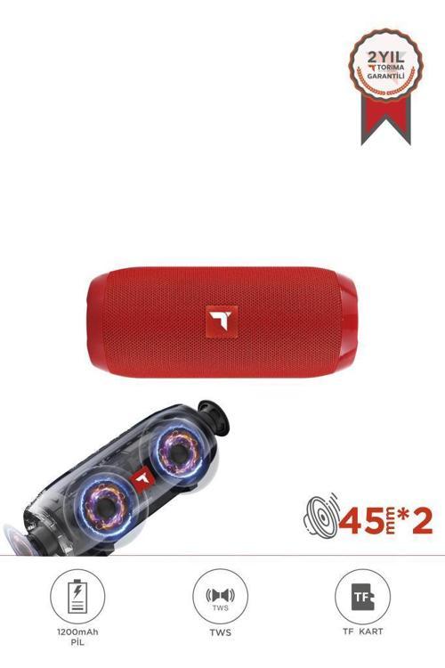 D47 Kırmızı Bluetooth Hoparlör Kablosuz Taşınabilir Ses Bombası TWS, USB, TF Kart, 1200 mah