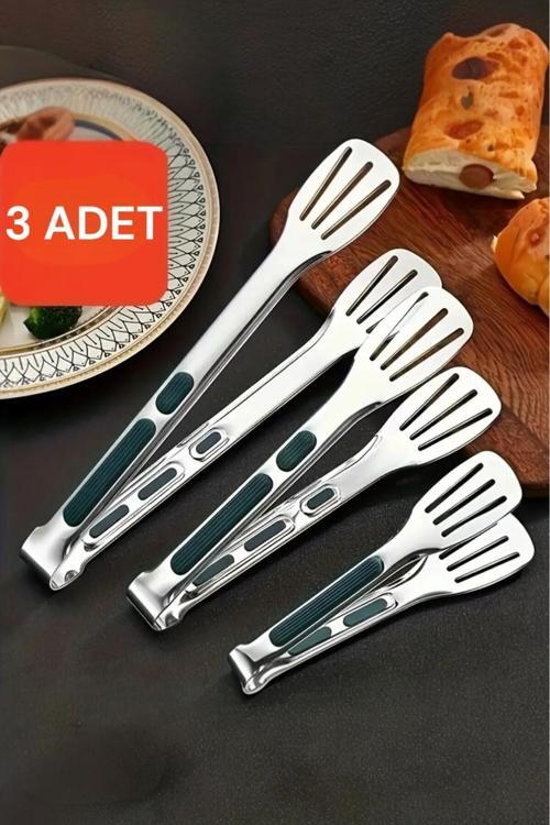 3 Lü  Silikon Tutacaklı Maşa Seti   304 Paslanmaz Çelik