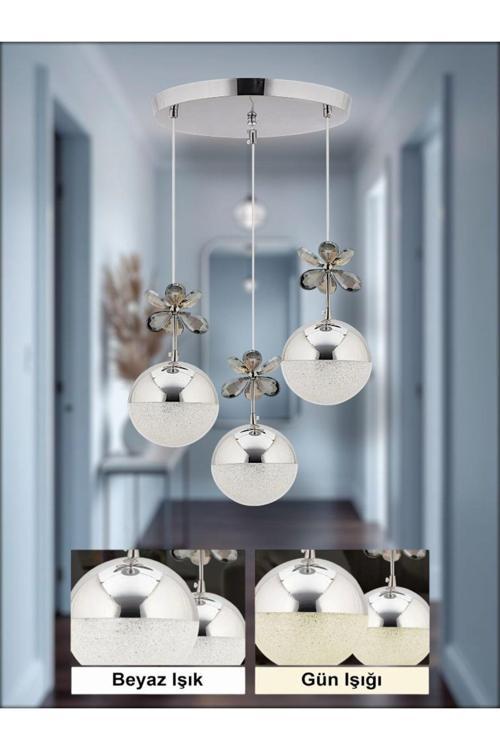 Kelebek 3'Lü Gümüş Sarkıt 3 Renk Ledli Sarkıt Kristal Led Avize