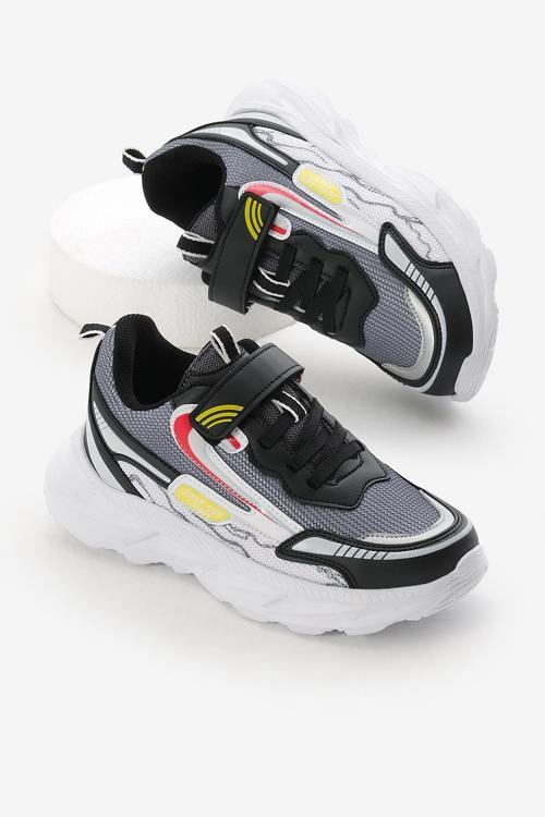 Çocuk Unisex Siyah Füme EVA Faylon Taban Desenli Cırtlı Lastik Bağcıklı Spor Ayakkabı