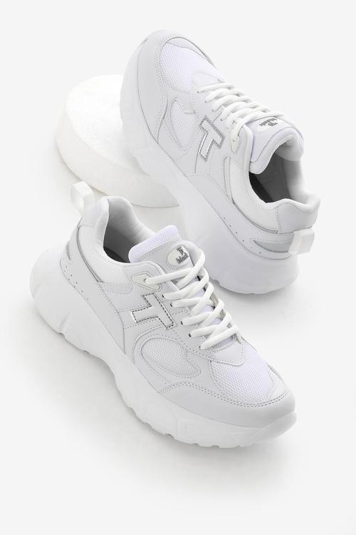 Unisex Beyaz Yüksek Faylon Taban Nefes Alabilen Kumaş Bağcıklı Spor Ayakkabı