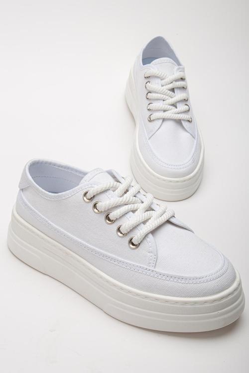 Kadın Beyaz Poli Taban Keten Halat Bağcıklı Spor Ayakkabı