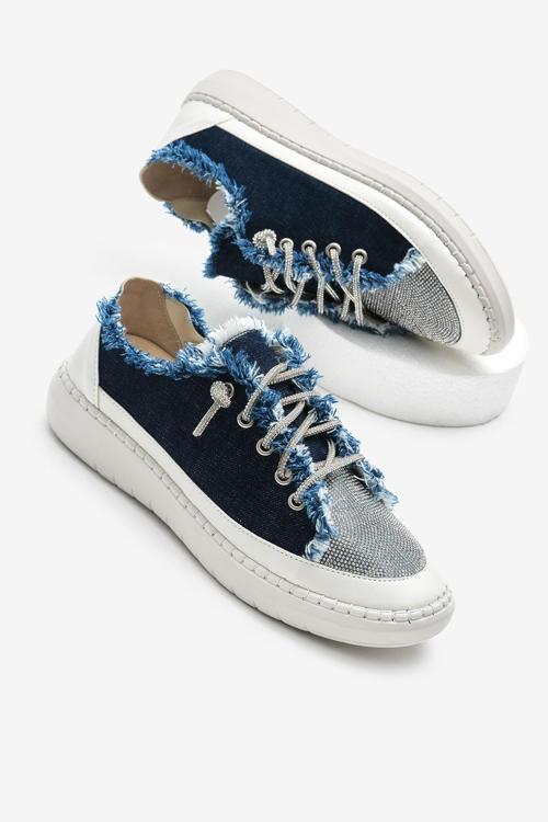 Kadın Lacivert Poli Taban Denim Kumaş Taşlı Bağcıklı Spor Ayakkabı