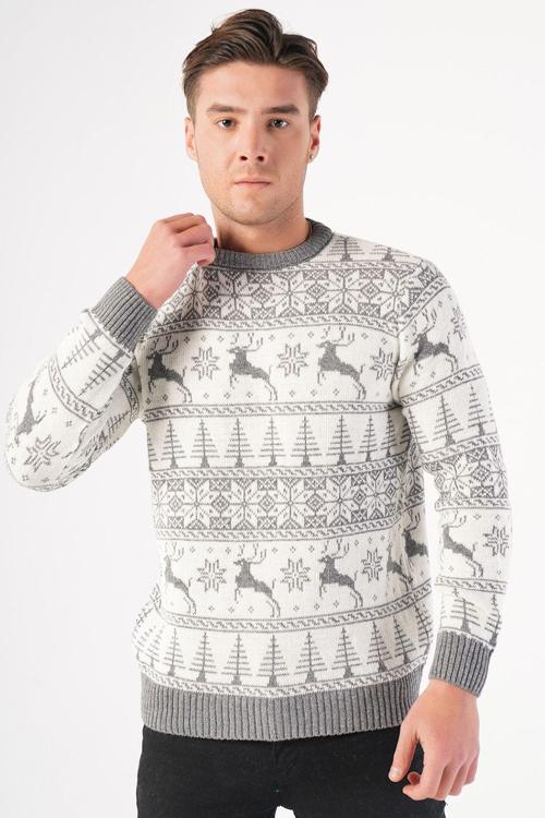 Erkek Bisiklet Yaka Geyik Desenli Yılbaşı Triko Kazak 2XL