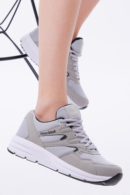 Unisex Gri Poli Taban Nefes Alabilen Kumaş Bağcıklı Spor Ayakkabı
