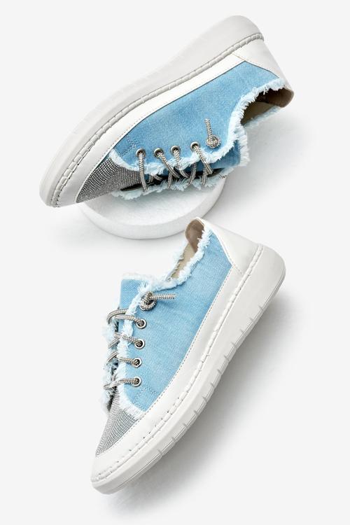 Kadın Bebe Mavisi Poli Taban Denim Kumaş Taşlı Bağcıklı Spor Ayakkabı