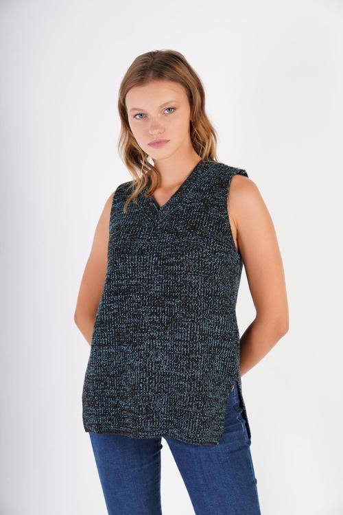 Kadın Kahve Selanik Örgü V Yaka Yün Süveter Bluz Örme Triko Trist-6126 M