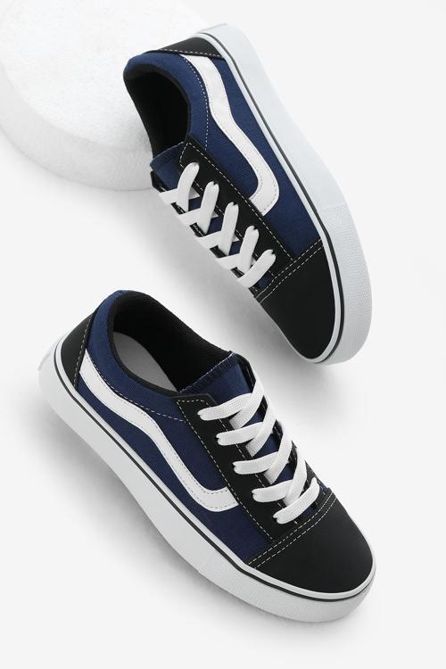 Çocuk Unisex Kot Mavi Kauçuk Taban Yanı Şeritli Keten Bağcıklı Spor Ayakkabı