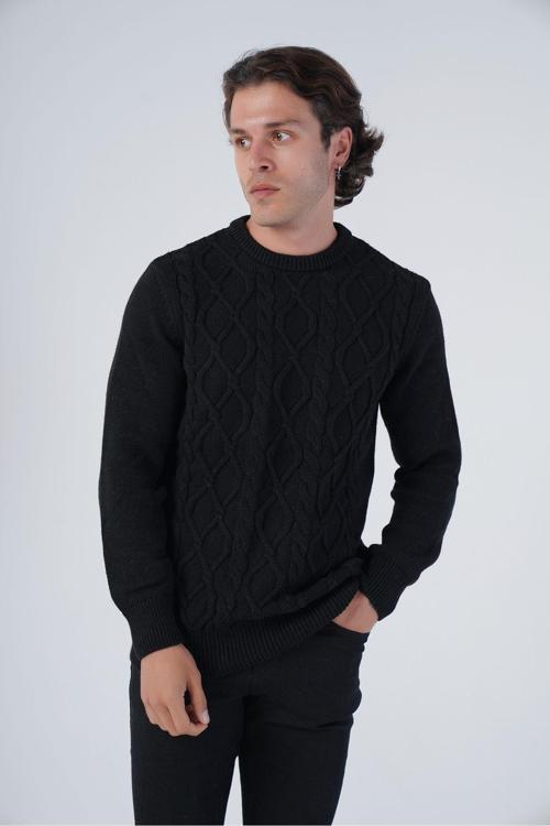 Siyah Erkek Saç Örgülü Yürütme Bisiklet Yaka Triko Yün Kazak M