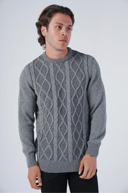 Gri Erkek Saç Örgülü Yürütme Bisiklet Yaka Triko Yün Kazak M