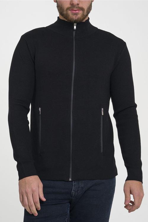 Siyah Erkek Fermuarlı Cepli Triko Hırka L