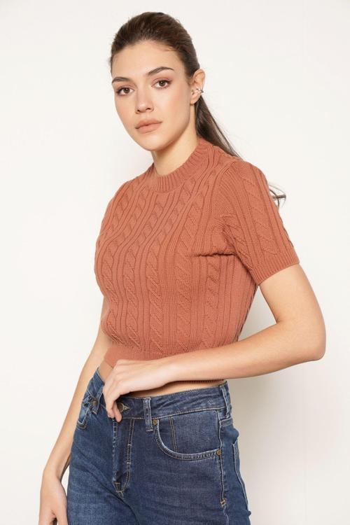 Kıremıt %100 Organik Pamuk Saç Örgülü Bisiklet Yaka Kısa Kol Triko Örme Bluz XS