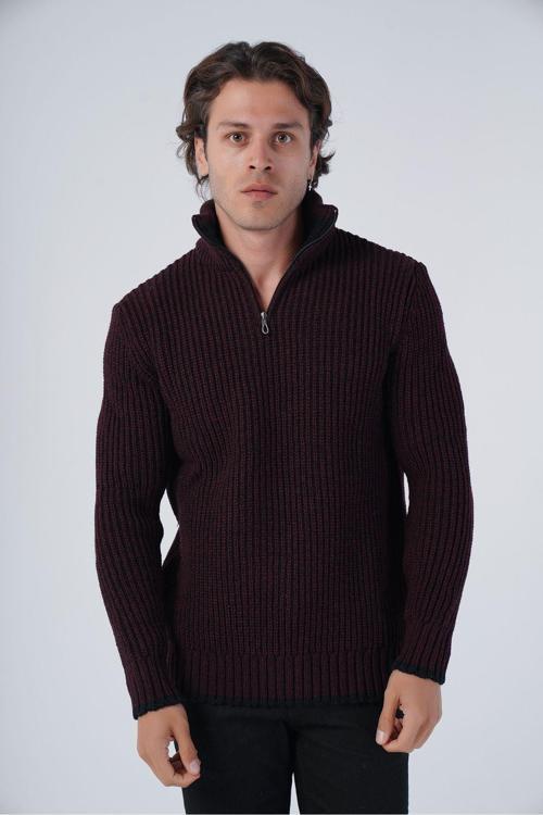 Siyah Erkek Selanik Örgü Muline Dik Yaka Fermuarlı Triko Yün Kazak M