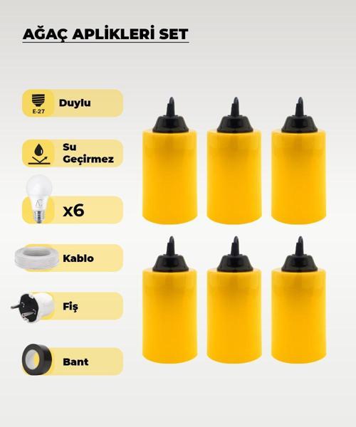 Hazır Set Sarı Silindir Ağaç Feneri - 6 Adet (Beyaz Işık Ampul, Kablo, Fiş ve Bant Dahil)