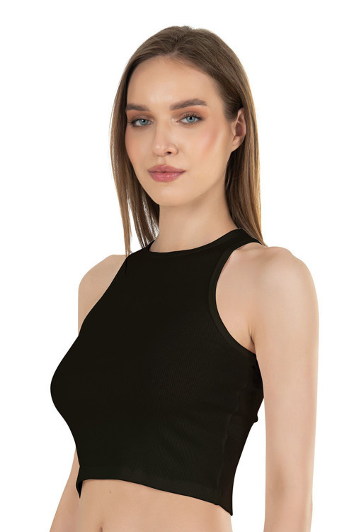 Kadın Pamuklu Fitilli Vücuda Oturan Halter Yaka Esnek Örme Crop Atlet