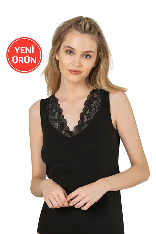 Kadın Süprem Pamuklu Esnek Rahat Yumuşak V Yaka Dantel Detaylı Kalın Askılı Atlet