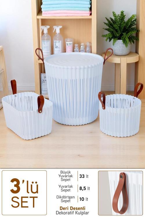 Flex 3lü Banyo Seti Deri Desenli Kulplu Lüx Banyo Mutfak Organizeri Çamaşır Sepeti Düzenleyici Beyaz