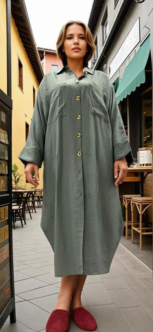 Kadın Yarasa Kol Tesettüre Uygun Gömlek Elbise Keten Karışımlı Tunik 3282420