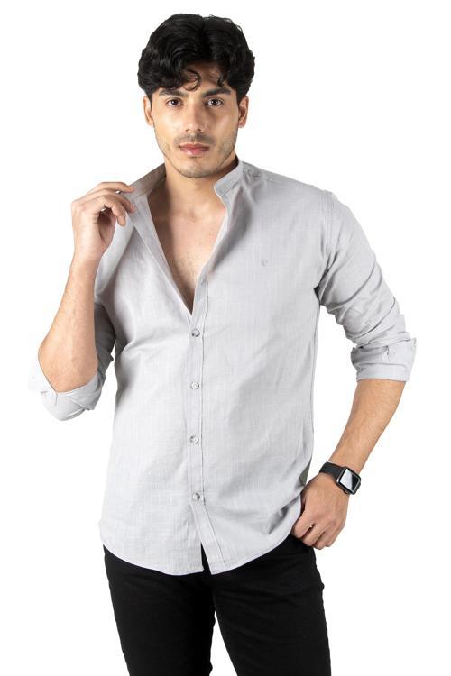 Erkek Gri Çizgi Desenli Hakim Yaka Flamlı Keten Uzun Kol Gömlek 2201895