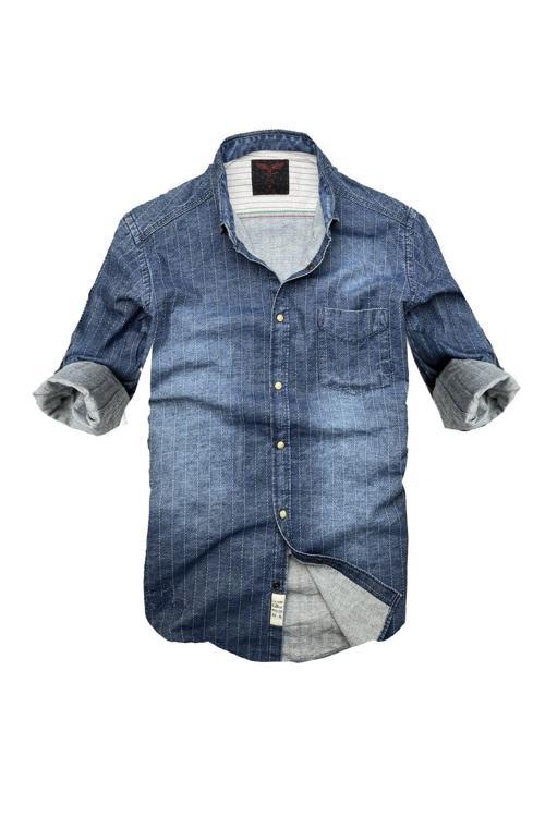 Slim Fit Saf Pamuk Denim Kumaş Kot Gömlek--laci Çizki Eskitme-