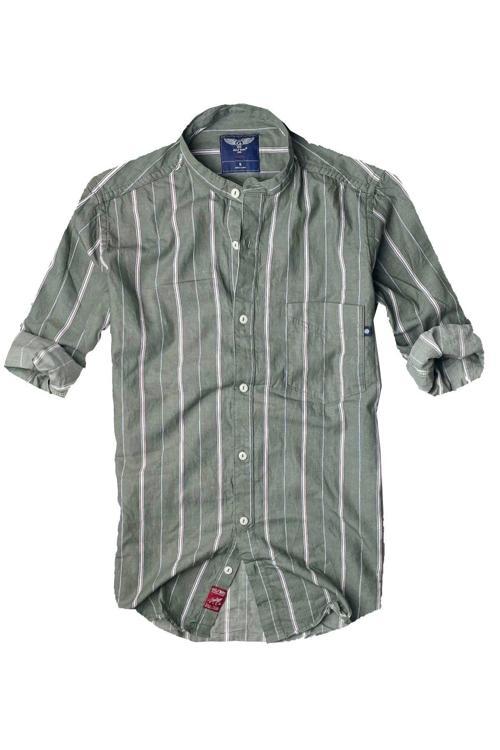 Slim Fit %100 Pamuk Kumaş Hakim Yaka Uzun Kol Gömlek-çizgili Haki-