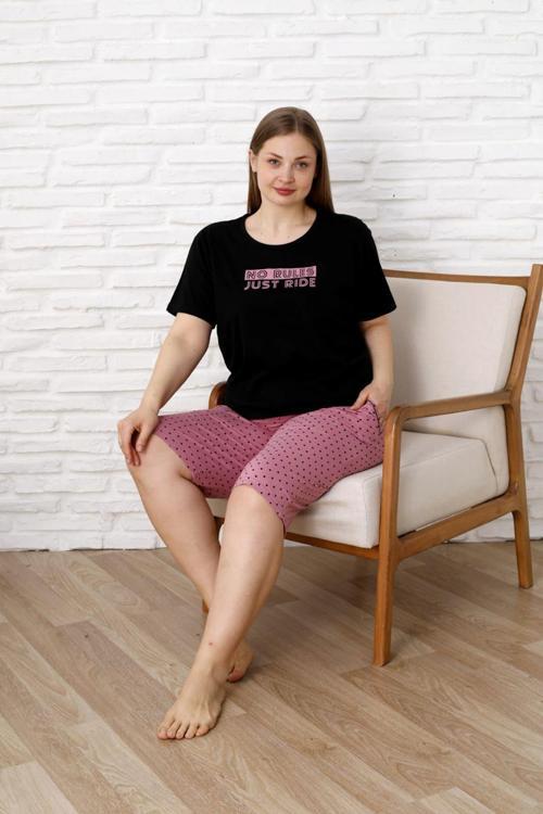 %100 Pamuk  Büyük Beden Kısa Kol Kapri Kadın Pijama Takımı