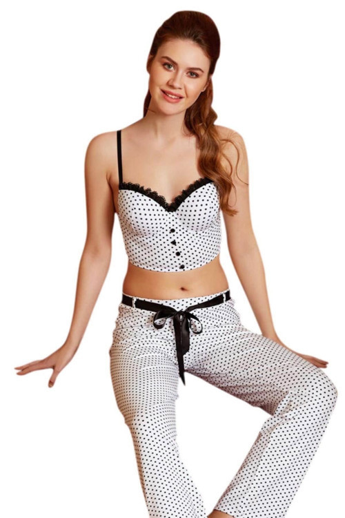 Kadın Beyaz Puantiye Desenli Büstiyerli Pijama Takımı 4125