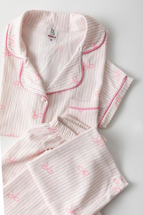 Kısa Kol Gömlek Yaka Kadın Pinterest Pijama Takımı - Yazlık Kadın Pijama- Geniş Beden Aralığı