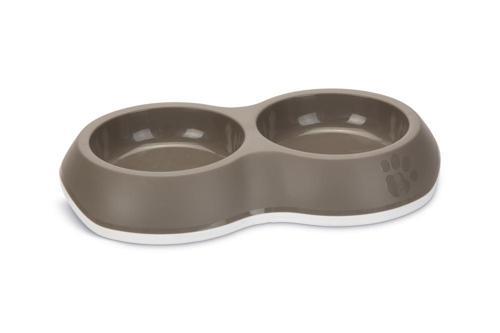 Kedi İkili Mama ve Su Kabı, Premium, Plastik, Bej/Gri, 26cm