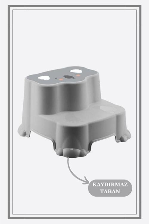 Kaydırmaz Çocuk Taburesi - Çift Basamaklı Banyo Lavabo Merdiven Yükseltici Bebek Basamağı Gri