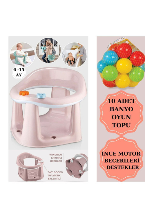 Bebek Banyo Oturağı - Vakum Tabanlı Bebek Mama Oturağı - Bel Destekli Vakumlu Mama, Pudra 10 Top
