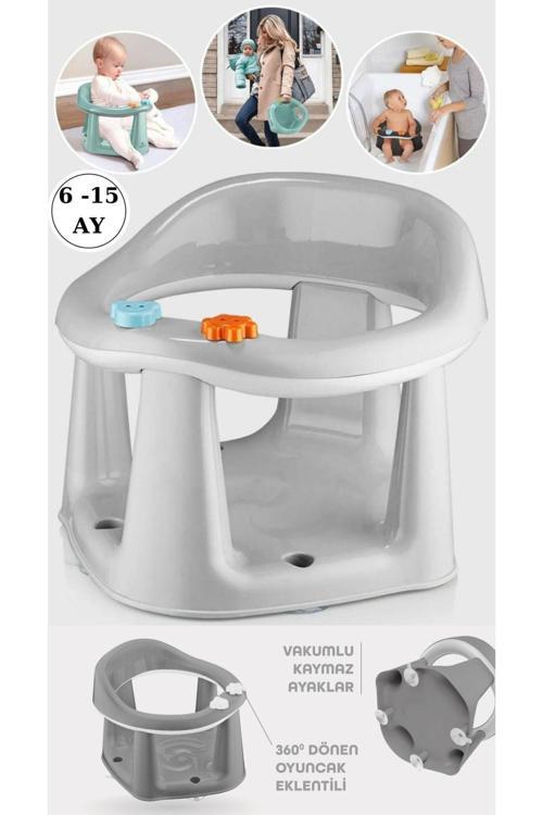 Bebek Banyo Oturağı - Vakum Tabanlı Bebek Mama Oturağı - Bel Destekli Vakumlu Mama, Gri