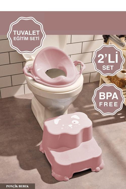 Kaydırmaz Çift Basamaklı Çocuk Taburesi Ve Kulplu Klozet Tuvalet Alıştırma Adaptörü 2'Li Set Pembe