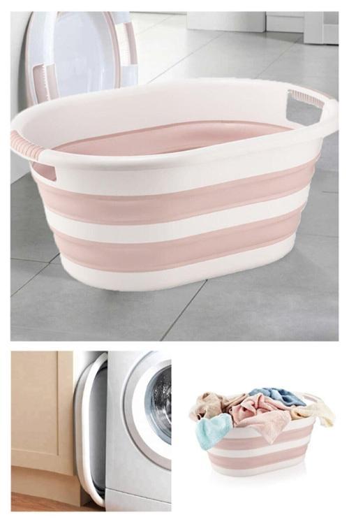 Katlanabilir Silikon Çamaşır Sepeti - Pudra 18 Litre