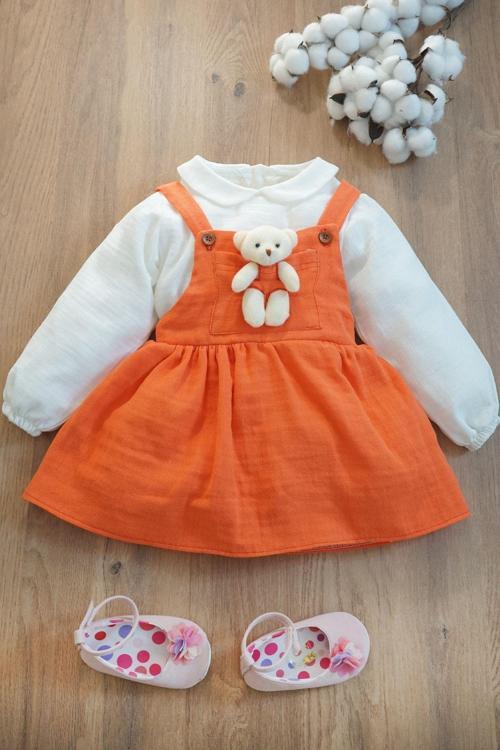 Kız Bebek Ve Çocuk Elbise Müslin Kumaş Ayıcıklı Ikili Takım