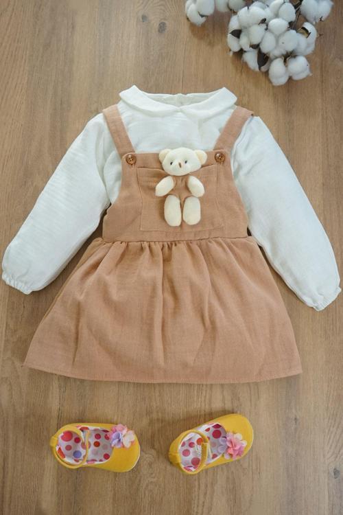 Kız Bebek Ve Çocuk Elbise Müslin Kumaş Ayıcıklı Ikili Takım