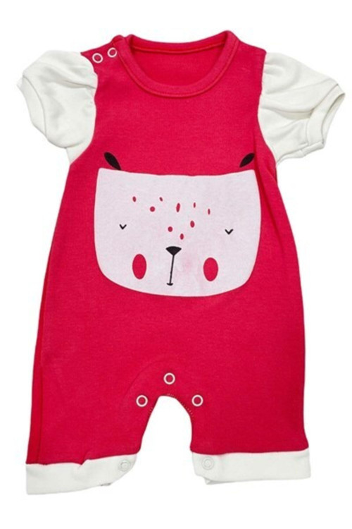 Kız Bebek Fuşya Çıtçıtlı Kısa Kollu Ayıcık Desenli Ferah Esnek Tulum